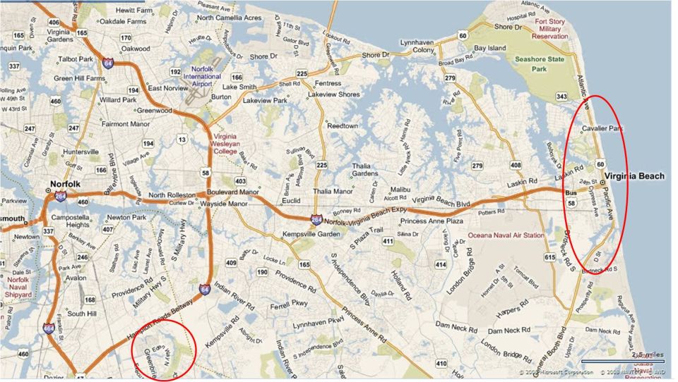 Road map of Norfolk and Virginia Beach area with red circled areas
