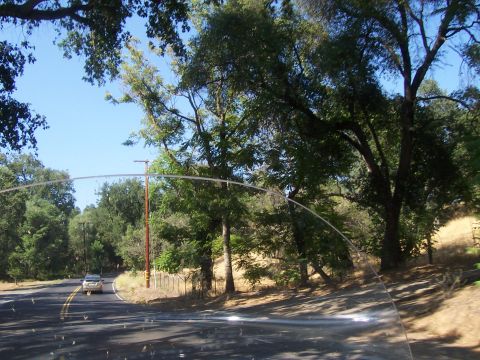 1994 Ford F-150 - A car travels down a tree-lined road, seen through a windshield.