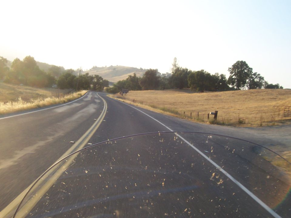 View from a vehicle looking down a rural road with dry grass and trees under a hazy sky
