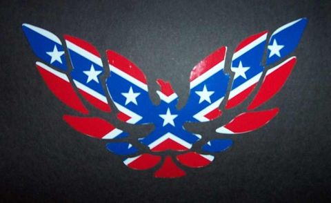 1987 Ford Bronco - Decal of an eagle with a confederate flag pattern is shown against a dark background.