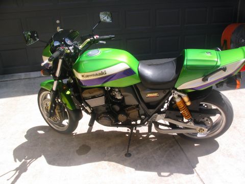 1981 Kawasaki Bayou - This green Kawasaki motorcycle features a distinctive purple and white stripe design on its fuel tank and tail section.