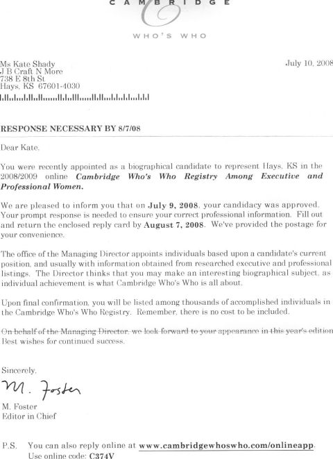 1995 Ford Bronco - This is a letter from Cambridge Who's Who to Ms Kate Shady regarding her biographical candidacy. The letter is dated July 10, 2008 and prov…