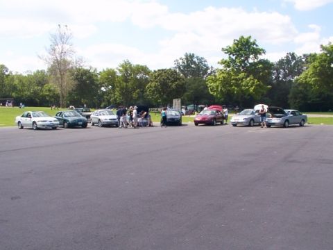 1998 Ford Taurus - A group of cars, including a 1998 Ford Taurus, are parked in a lot on a sunny day.