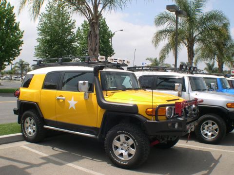 2007 Toyota FJ Cruiser - A line of Toyota FJ Cruisers, including a yellow one with a snorkel, are parked in a lot under palm trees.