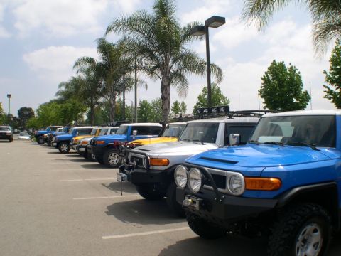 2007 Toyota FJ Cruiser - Several Toyota FJ Cruisers are parked in a lot under palm trees.