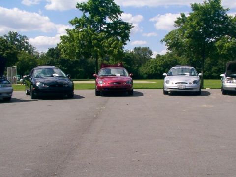 1998 Ford Taurus - Several Ford Tauruses are lined up in a parking lot on a sunny day with trees in the background.