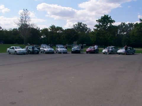 1998 Ford Taurus - A group of sedans are parked in a lot with trees and clouds in the background.