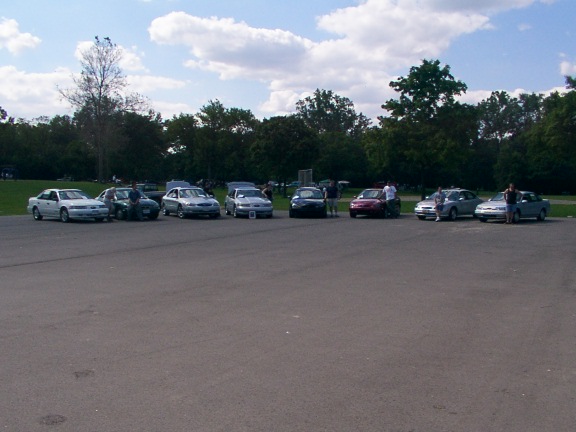 several sedans parked in a lot on a sunny day