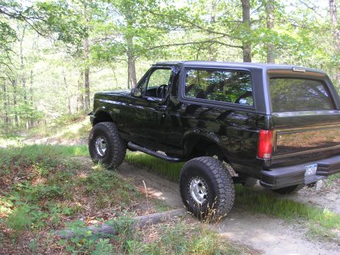 1995 Ford Bronco - A black 1995 Ford Bronco is shown off-roading on a dirt path surrounded by trees.