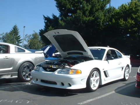 2000 Ford Crown Victoria - White 1996 Ford Mustang coupe with hood open at a car show.