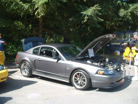 2000 Ford Crown Victoria - A gray 2000 Ford Mustang coupe is displayed with its hood and trunk open, showing a document in the engine bay.