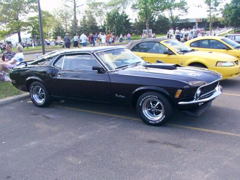 1998 Ford Taurus - A classic black Mustang is parked at an outdoor event with other cars and people in the background.