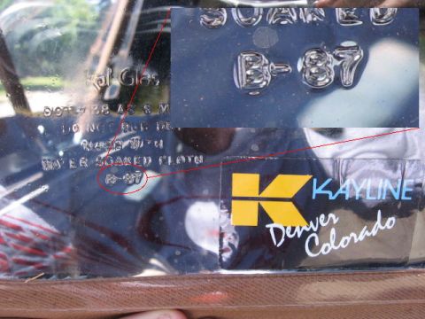 1989 Ford Bronco - Automotive glass spec markings showing Kayline branding, DOT safety text, and a B-87 manufacturing date code.