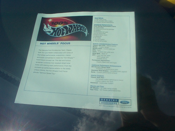 Hot Wheels Focus Ford Genuine Accessories window sheet listing performance, exterior and interior features