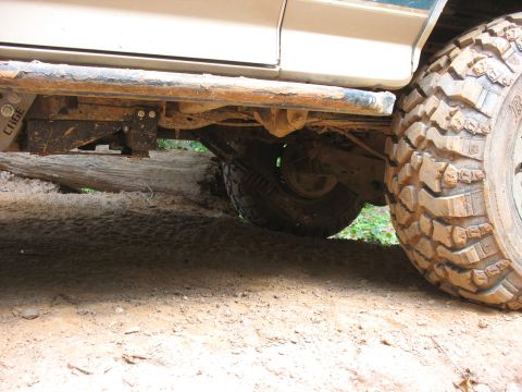 1978 Ford Bronco - The undercarriage of a vehicle is visible, with large, mud-caked tires and exposed suspension components.