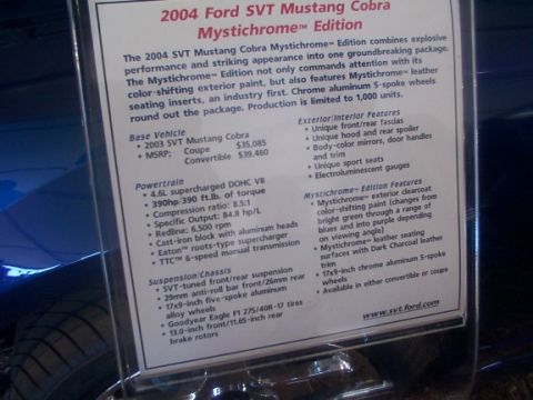 1998 Ford Taurus - This document describes the features of the 2004 Ford SVT Mustang Cobra Mystichrome Edition, including its unique paint and interior.