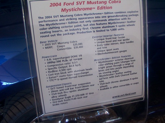 2004 Ford SVT Mustang Cobra Mystichrome Edition display placard listing specs and features