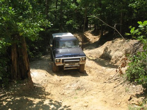 1978 Ford Bronco - A blue 1978 Ford Bronco navigates a challenging dirt path through a wooded area.