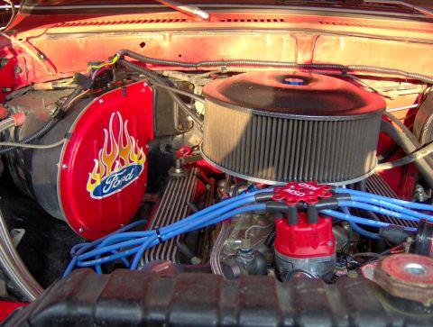 1978 Ford Bronco - Engine bay details showing aftermarket Ford air cleaner and MSD ignition parts.