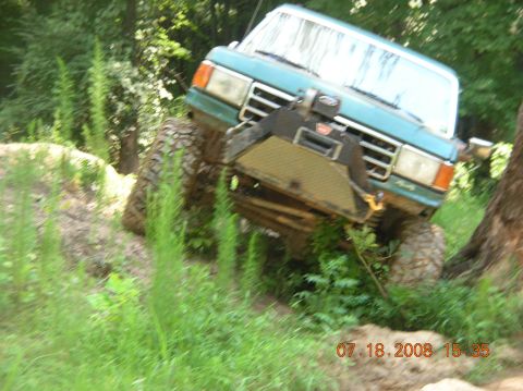 1991 Ford F-150 - Off-road truck navigating a steep, grassy incline with a tree to the right.