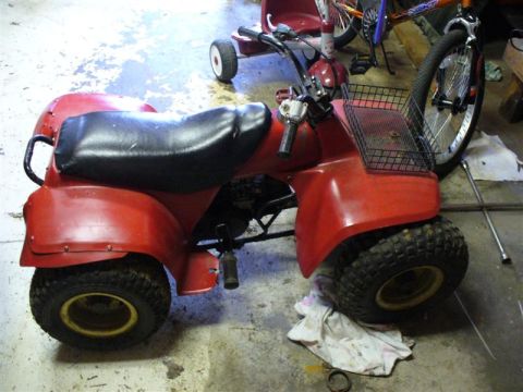 1988 Ford Bronco - A red three-wheeled ATV is parked indoors next to bicycles and a tricycle.