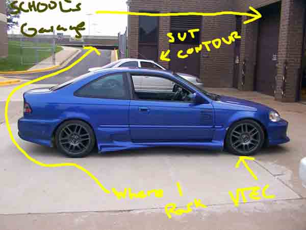 Blue Honda Civic coupe in profile with yellow hand-drawn annotation arrows