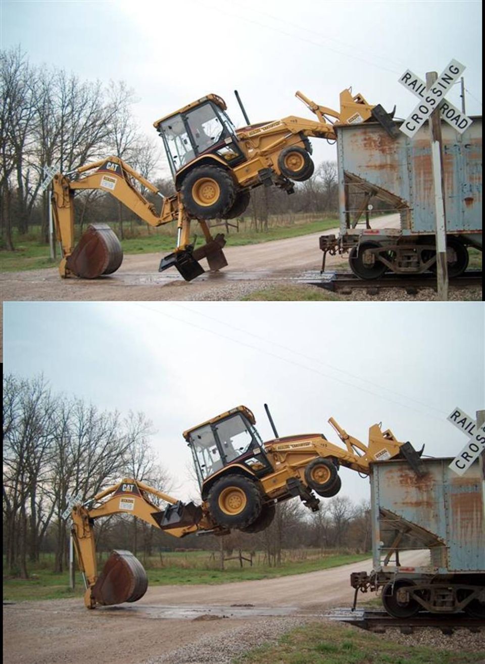 CAT backhoe loader balancing precariously on a railcar at a crossing