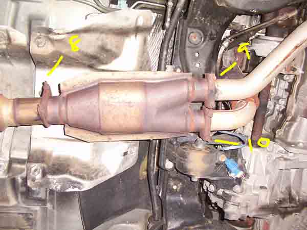 Underside view of a vehicle's exhaust system, showing the catalytic converter and pipes. Yellow markings highlight specific areas