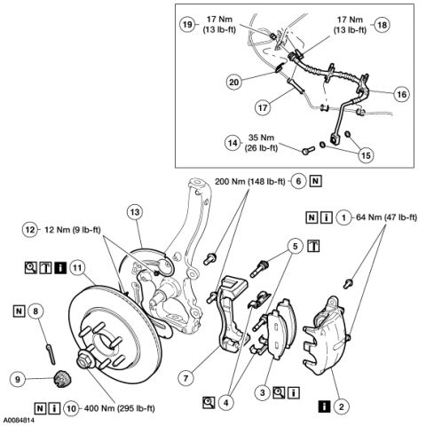 2007 Ford Mustang - Exploded parts diagram of a front disc brake assembly with rotor, caliper, pads, and hub plus torque specifications.