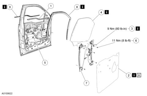 2007 Ford Mustang - Exploded parts diagram of a door window glass, regulator, and run channel with torque specifications.