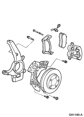 2007 Ford Mustang - Exploded parts drawing of a front steering knuckle, brake caliper, rotor, and pads.