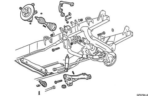 2007 Ford Mustang - Exploded parts diagram of a front suspension showing control arms, shock absorber, and springs mounted to the frame.