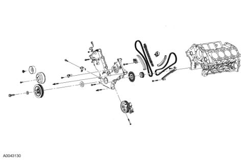 2007 Ford Mustang - Exploded parts diagram of an engine front cover, timing chains, sprockets, and crank pulley.