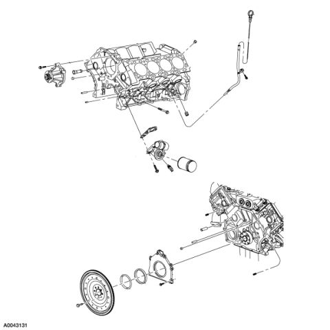 2007 Ford Mustang - Exploded parts diagram of an engine block showing water pump, oil filter, flywheel, and dipstick.