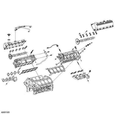 2007 Ford Mustang - Exploded parts diagram of an engine showing cylinder heads, valve covers, camshafts, and exhaust manifolds.