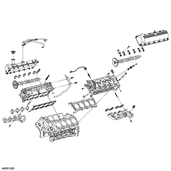 Exploded engine with cylinder heads, valve covers, camshafts, and manifolds