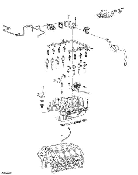 2007 Ford Mustang - Exploded parts diagram of an engine intake manifold with fuel rail, injectors, and throttle body.