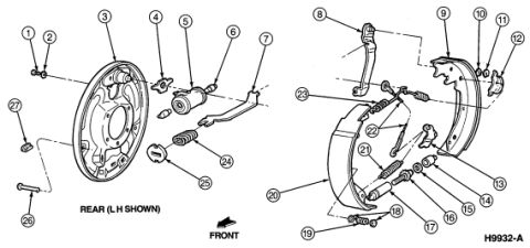 2007 Ford Mustang - Exploded parts breakdown of a rear drum brake assembly (LH shown) with numbered callouts for backing plate, wheel cylinder, shoes and hardw…