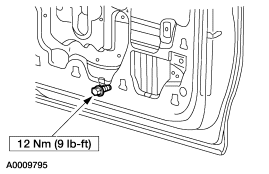 2007 Ford Mustang - Service illustration locating a door fastener with a torque specification of 12 Nm (9 lb-ft).