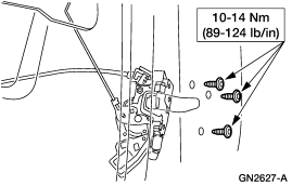 2007 Ford Mustang - Service illustration of door latch retaining screws with a torque specification of 10-14 Nm (89-124 lb-in).