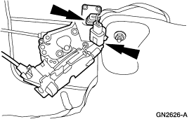 2007 Ford Mustang - Service illustration of a door latch assembly with directional arrows indicating components to disengage during removal.