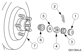 2007 Ford Mustang - Exploded parts breakdown of a front hub assembly showing bearings, thrust washer, spindle nut and cotter pin with numbered callouts.