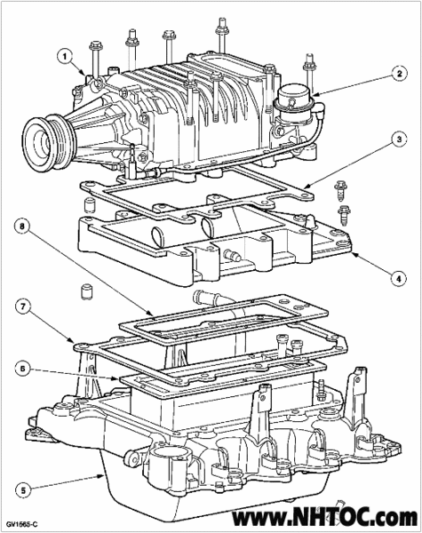 2007 Ford Mustang - Exploded parts breakdown of a supercharger and intake manifold assembly showing gaskets, bolts and seals with numbered callouts.