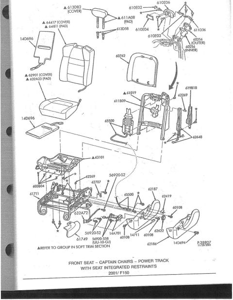 2007 Ford Mustang - Parts catalog exploded view of the 2001 F-150 front captain chairs power track with integrated restraints, labeled with part numbers.