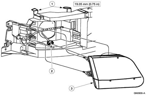 2007 Ford Mustang - Service illustration of a headlamp assembly and mounting with numbered callouts and a 19.05 mm (0.75 in) gap dimension.