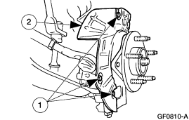 2007 Ford Mustang - Service illustration of a front suspension and wheel hub assembly with directional arrows and numbered callouts.