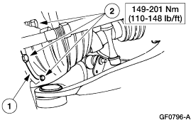 2007 Ford Mustang - Service manual drawing of an intake/exhaust manifold with torque specification 149-201 Nm (110-148 lb-ft) and numbered callouts.