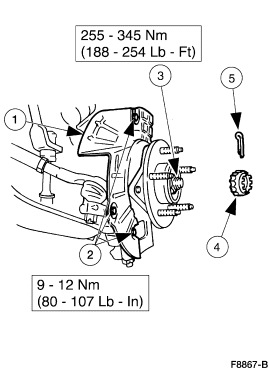 2007 Ford Mustang - Service drawing of a rear hub/brake assembly listing torque specs 255-345 Nm and 9-12 Nm with numbered components.