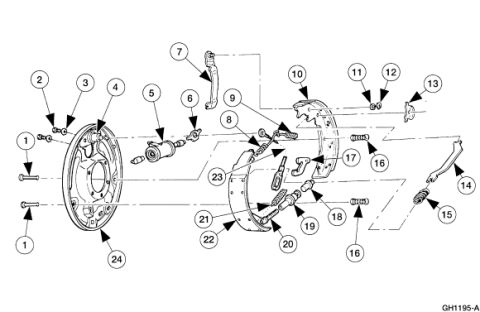 2007 Ford Mustang - Exploded parts breakdown of a drum brake assembly showing backing plate, shoes, springs and hardware with numbered callouts.