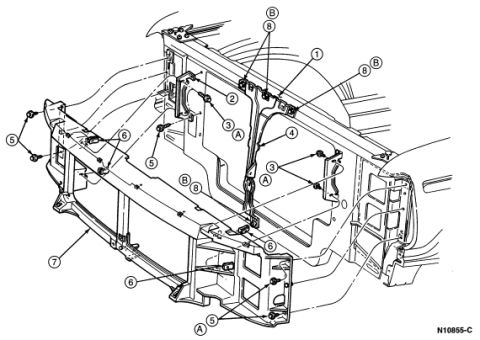 2007 Ford Mustang - Service manual assembly drawing of the front-end radiator support with numbered and lettered component callouts.